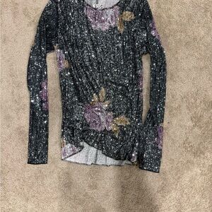 Free People Black and Purple Floral Long Sleeve Top
